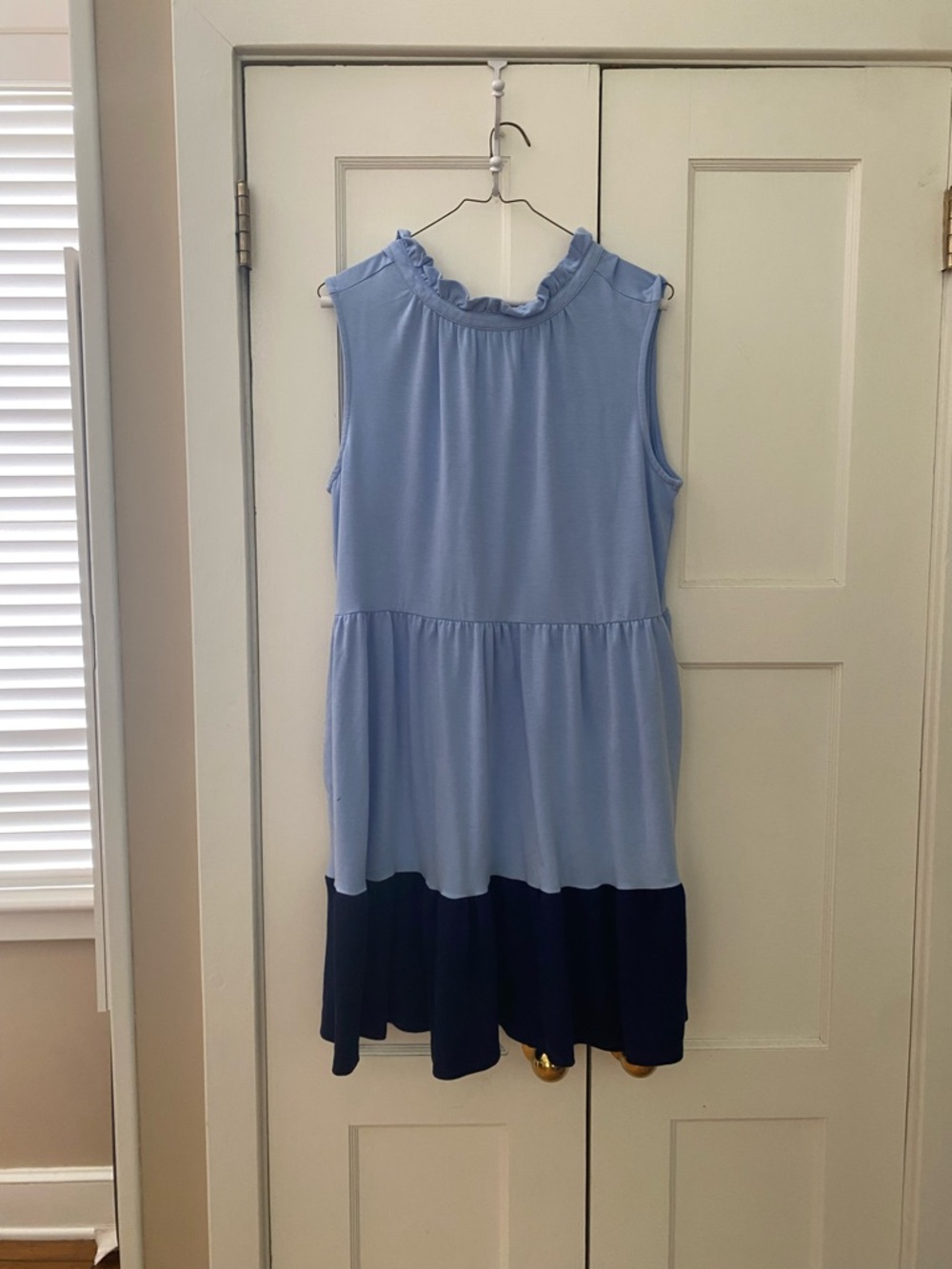 crown & ivy Light Blue and Navy Colorblock Ruffle Neck womens dress